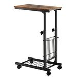 CASART C-Shaped Sofa Side Table, Height Adjustable Coffee Snack Table Laptop Stand with Wheels, Side Basket and Grid Shelf, Mobile Bed End Table for Living Room Bedroom Office(Rustic Brown)