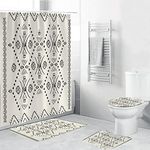 ZQMHCY Bath Mat Boho Beige Black Bathroom Mat 3-Piece Set Washable, 1 Soft U Rug+1 Bath Mats Non Slip Shaped Absorb Water (45x75)+1 Fast Dry Toilet Seat Covers