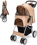 Costway Folding Pet Stroller, 4-Wheel Cat Dog Cage Stroller with Mesh Windows & Cup Holder & Storage Basket, One-Hand Folding, Portable Pet Travel Carrier Carriage for Small & Medium Pets (Beige, Normal)