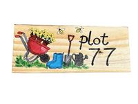 Personalised Allotment Plot Number Sign, Wheelbarrow & Wellies Wooden Plaque, Hand Made Hand Painted Plot Marker