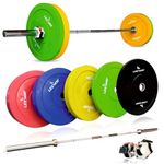 LEEWAY Rubber Bumper Plates with Olympic Barbell, (30kg Set)| Olympic Weightlifting Gym Rubber Bumper Weight Plates| Olympic Barbell Weight Plate| 20kg Olympic Barbell (30kg Set (5X2+10X2))