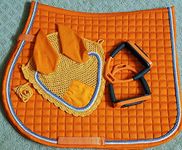 Orange Horse English Saddle Pad with Matching Flexible Safety Stirrups Bendy Iron Fly Bonnet Veil Ear Net Double Piping Full/Horse Size Cotton Hand Made Tack Equestrian Horse Shows