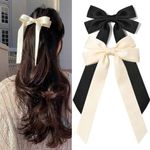 Bow Hair Clips for Women - 2 Pieces Satin Handmade, Stylish Hair Bows, All-Day Comfort, Hair Accessories for All Occasions, from Formal to Casual Wear, Black & White (Long Tailed)