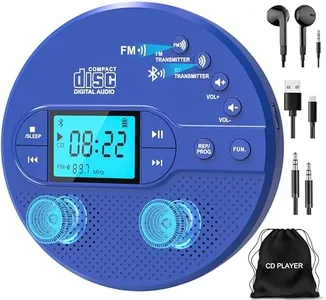 Sunoony Portable CD Player with Bluetooth, Disman CD Player for Car with FM Transmitter, Rechargeable Personal cd Player with Anti-Skip Protection, Headphones, AUX/USB Supported, LCD(Blue)