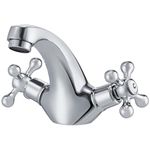 Bathroom Sink Taps Mixers Traditional Victorian Basin taps, Dual Cross Handle Swan Neck Basin Mixer Tap 1 Hole with Hot and Cold Hoses, Chrome