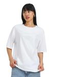 JUNEBERRY® Pure Cotton Oversized Baggy Fit Drop Shoulder Plain Solid White T-Shirt for Women (OS_J_White_M)