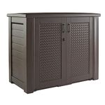 Rubbermaid Decorative Outdoor Storage Cabinet (123 Gal), Weather Resistant, Brown, Organization for Home/Backyard/Pool Chemicals/Toys/Garden Tools/Porch/Patio Cushions