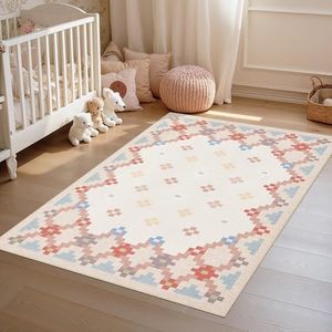 Joydeco Geometric Light Pink Rug for Bedroom Girls, Cute 3x5 Washable Rug Non Slip, Modern Soft Low-Pile Ultra Thin Indoor Floor Throw Carpet for Entryway Laundry Room Entrance Foyer