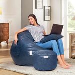 Amazon Brand - Solimo Premium Faux Suede Bean Bag Combo with Footrest & Cushion, Filled with Beans | Capacity: Upto 6 Ft 3 in Height, 120 KG Weight | 3XL | Navy Blue Textured