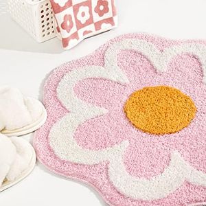 TRUEDAYS Cute Pink Flower Bath Mat, Machine Washable Bath Rug, Ultra Soft and Fluffy Bathroom Mat, Small Round Non-Slip Water Absorbent Bath Mats for Bathroom Floor, Shower Room and Bathtub