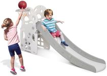 4 in 1 Toddler Slide, Indoor Slide for Toddlers with Extra Long Slipping Slope and Basketball Hoop, Baby Slide for Kid Play Climber Slide Playground, Ideal Gift for Age 1-7 Boys & Girls (Grey)