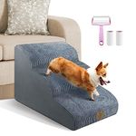 Dog Stairs 3 Steps for Small Dogs Cats Grey, Dog Steps Pet Ramp Ladder for Sofa Bed Non-Slip Foam with Removable Washable Cover, Send Lint Sticky Roller Set