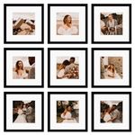 BSRHOME 12x12 Black Picture Frame Set of 9,Display Pictures 8x8 with Mat or 12 x 12 without Mat,Multi Collage Gallery Square Photo Frames for Wall or Tabletop