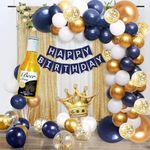 Navy Blue Gold Birthday Party Decorations for Men Women Boys Girls with HAPPY BIRTHDAY Banner, Crown balloons,Corona Foil Balloons,Balloon Garland Kit