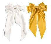 ZEPOLI Big Satin Layered Hair Bows for Women Girls 11 Inch Barrette Hair Clip Long Black Ribbon Bows French Style Hair Accessories (White,Yellow)