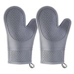 Heat Resistant Silicone Oven Mitts, Soft Quilted Lining, Extra Long, Waterproof Flexible Gloves for Cooking and BBQ, Kitchen Mitt, Easy Clean (Grey, Silicone)