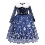 FYMNSI Kids Girl Elsa Costume Ice Snow Queen Fancy Dress Up Faux Fur Long Sleeve Snowflake Tutu Tulle Maxi Long Dress for Halloween Christmas Carnival Cosplay Birthday Party Dark Blue 3-4 Years