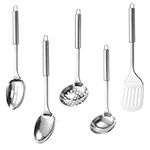 5PCS Stainless Steel Cooking Utensils Set, Heat Resistant Kitchen Gadgets Utensil Set with Hanging Holes, Non-Stick Easy to Clean Kitchen Appliances(5Pcs/Set,Sliver)