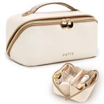 Prite Large Capacity Makeup Bag Portable Travel Cosmetic Bag Waterproof PU Leather Toiletry Bag Flat Lay Make Up Organiser Case with Clear Divider and Handle(Beige)