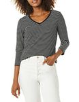 Amazon Essentials Women's Classic-Fit 3/4 Sleeve V-Neck T-Shirt (Available in Plus Size), Black/White Stripe, Large