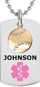 Divoti Gold Medical Alert Necklace with Baseball Charm | Custom Engraved Athletic Medical ID Dog Tag | Rugged Elemental Design, 24/28 Inch Ball Chain-Pink