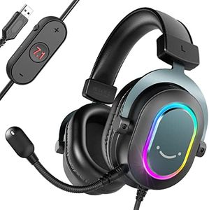 Fifine Gaming Headset for PC-Wired Headphones with Mic-7.1 Surround Sound Computer USB Headset for Laptop, Streaming Headphones Compatible for PS4/PS5, with EQ Mode, RGB, Soft Ear Pads-AmpliGame H6