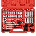 CASOMAN 1/4-Inch & 3/8-Inch Drive SAE and Metric Socket Set, CR-V, 6 Point, Standard and Deep, with Ratchet, Extension Bars and Universal Joint, 83-Pieces Socket Set