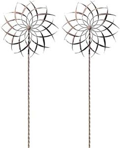 Ancient Graffiti Kinetic Pinwheel Spinners, Brown, Set of 2 Outdoor Metal Wind Spinners with Dual 22" Toppers, Verdigris Accents, Twisted Steel Shafts & Trident Base, Garden Yard Art Wind Sculptures