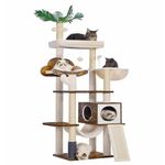 Hebly Wood Cat Tree for Indoor Cats, Cat Condo for Large Cats,Modern Cat Scratching Tower with Basket,Hammock,Dangling Ball and Leaves,Rustic Brown HCT120SR