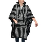 Artisans Bazaar Baja Hoodie Mexican Poncho Drug Rug Style Serape Hippie Warm And Comfortable Aztec Wearable Blanket, Black, One Size