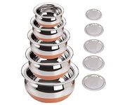 Shopeum™ Stainless Steel Copper Bottom Handi,patila, Pot Biryani Punjabi Handi Set with Lid 5 Pieces Serving Bowls with Lids Cookware Set Capacity:- 0.5 L,0.8 L,1.2 L,1.5 L,1.8 L,(Copper & Silver)