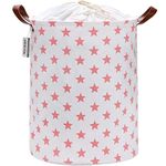 Sea Team 19.7 Inch Large Sized Waterproof Coating Ramie Cotton Fabric Folding Laundry Hamper Bucket Cylindric Burlap Canvas Storage Basket with Stylish Pink Star Design