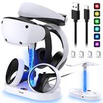 Charging Station Stand for PlayStation VR2 Controller & Headset with RGB Light, MENEEA Charger Dock Accessories Holder for PS VR2 Sense Controller with LED Indicator, VR2 Magnetic Fast Charger (White)