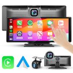 9.3 inch Carplay Screen for Car with Wireless Android Auto 2.5K Dash Cam Front and Rear Camera DVR 64G TF Card, Podofo IPS Touchscreen Portable Car Stereo Radio with Dual Bluetooth/GPS/Aux/FM Transmit