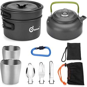 Odoland Camping Cookware Mess Kit, Lightweight Pot Pan Kettle with 2 Cups, Fork Spoon Kit Stainless Steel, gray for Backpacking, Outdoor Camping Hiking and Picnic