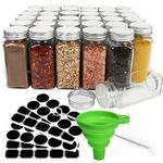 36 Pack 4oz Glass Spice Jars,120ml Square Seasoning bottles with Silver Caps and Shaker Lids,40pcs Black Labels,1 Funnel and 1 Brush for Kitchen Storage