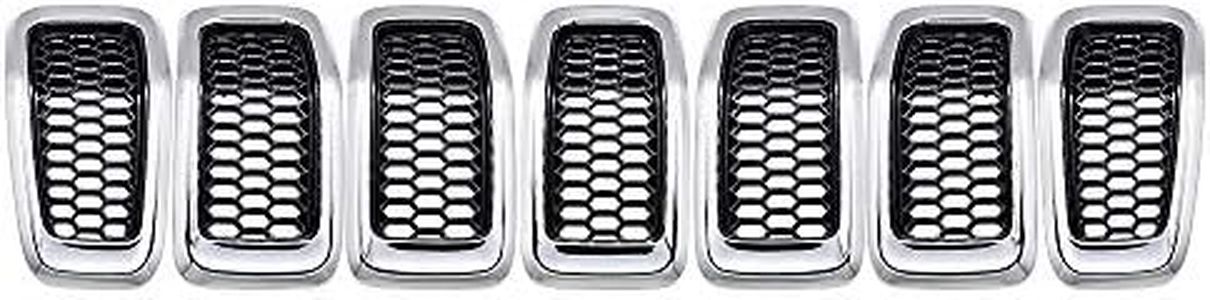 Astra Depot Compatible with 2014-2018 Jeep Cherokee 4-Door Grille Grill Cover Trim Insert Kit 7pcs (Black Mesh Grille + Chrome Moulding Trim)