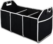 Car Trunk Organizer, Portable Foldable Waterproof Auto Storage Bag with 3 Compartments, Collapsible Cargo Trunk Groceries Organizer, Car Accessories Universal for SUV, Truck, Van, Sedan (Black)