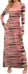 DEARCASE Maxi Dress for Women Camouflage Pink X-Large Round Neck Boho Long Sleeves Wedding Guest A-line Casual Hawaiian Empire Waist Flowy Vintage Spring Fall Winter Floor Dresses with Pocket