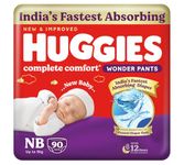 Huggies Complete Comfort Wonder Pants | Pant Style Baby Diapers Newborn Size (NB/XS), 90 Count | India's Fastest Absorbing Diaper, Prevents Diaper Rash, Ideal for 0-5 Kgs