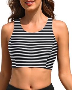 Tempt Me Women Black Striped Sports Bra Swimsuit Scoop Neck Bikini Racerback Swim Crop Top Padded Bathing Suits M
