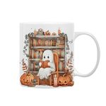 QASHWEY Halloween Reading Ghost Mug, Halloween Coffee Mug, Fall Book Lovers Gifts Mug, Halloween Themed Mug Tea Cup Gifts for Reading Lovers, Fall Bookish Ghost Halloween Coffee Cups Ceramic 11oz