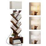 Evermagin 6 Tier Tree Bookshelf with Light, Small Bookcase for Books/CDs/Movies, Tall Floor Standing Book Tree Rack with Storage for Living Room, Bedroom & Home Office, Rustic Brown