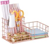 Kiwilon Metallic 3 Slot Desk Organizer - Rose Gold | Multipurpose Stationery Storage Rack For Office And Study Table | With Different Pen, Paper, Sticky Notes and Stapler Slot