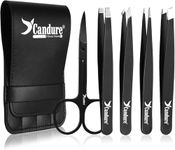 Candure Eyebrow Tweezers Set 5Pcs – Professional Stainless Steel Precision Tweezers Kit for Facial Hair, Ingrown Hair, Blackheads & Splinters – Slant, Pointed & Flat Tip for Women & Men (Black)
