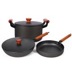 UMAI Cast Iron Pots and Pans Cookware with Wooden Handle | Cast Iron Fry Pan (26cm) | Wok & Handi (4.4L Each with Lid) | Non Stick Cookware Set | Gas & Induction Pan | Kitchen Set for Home (Black)