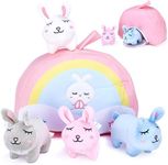 PixieCrush Premium Bunny Plush Toy Set of 5 - Vibrant, Durable & Adorable Bunny Toys for Girls - Ideal Gift Choice for Magical Playtime & Decor - Mini Bunnies with Rainbow Bag Set