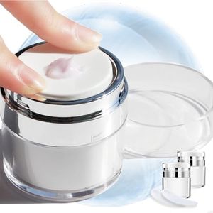 Leak-Proof DIY Travel Airless Pump Jar, 15/30/50ml Refillable Vacuum Bottle Dispenser for Creams/Lotions, Portable Cosmetic Container with Push Down Pump Dispenser (White, 50ml+50ml)
