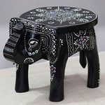 JH Gallery Handcrafted and Emboss Painted Colorful Wooden Elephant Shape Stool Table (8 Inches Height, Black)