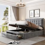 Upholstered Double Bed 135 x 190cm, Ottoman Storage Bed with Hydraulic Lever and Drawer, Large Storage Space, Velvet Fabric Ottoman Lift Up 4FT6 Double Bed Frame, No Mattress (Grey, 135 x 190cm)